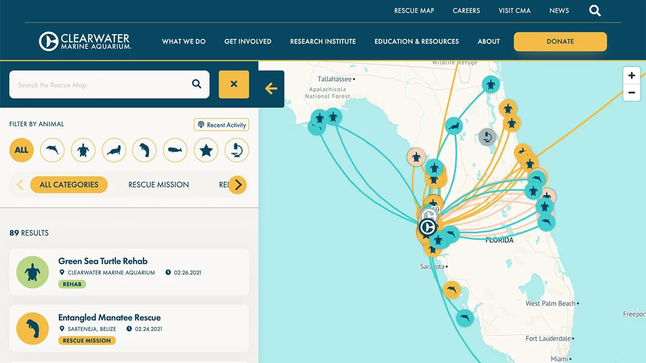 Clearwater Marine Aquarium rescue map screenshot